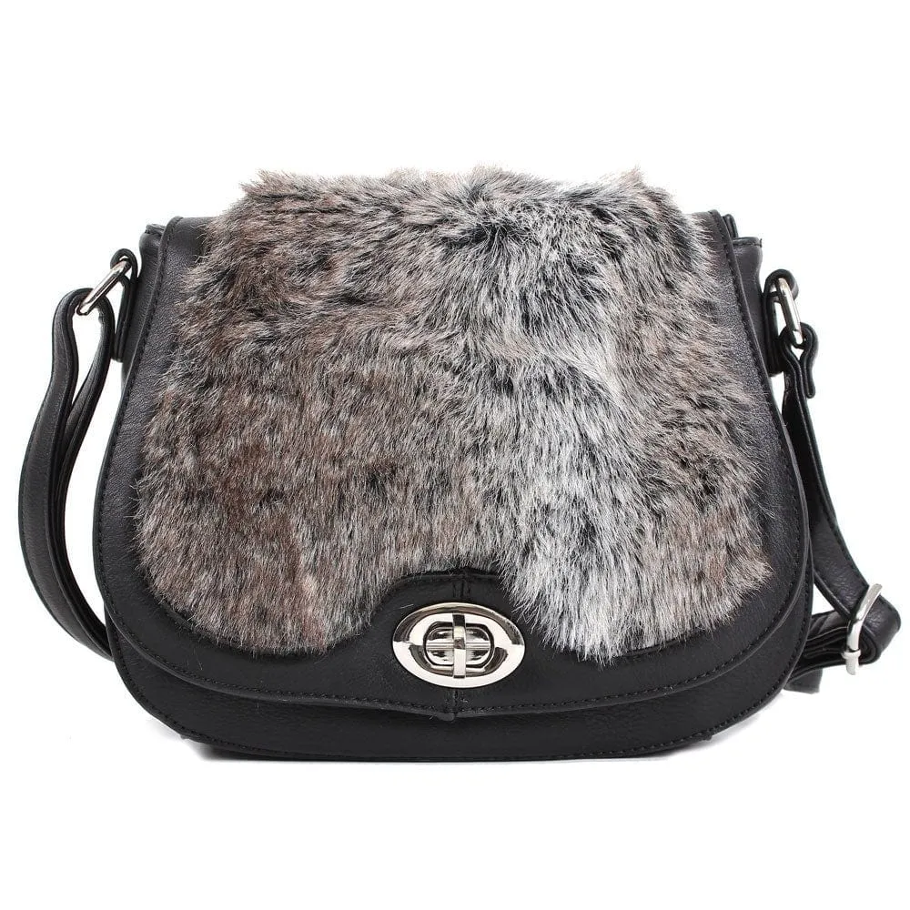 64638 Tricolor Faux-Fur Turn Clasp Saddle Crossbody