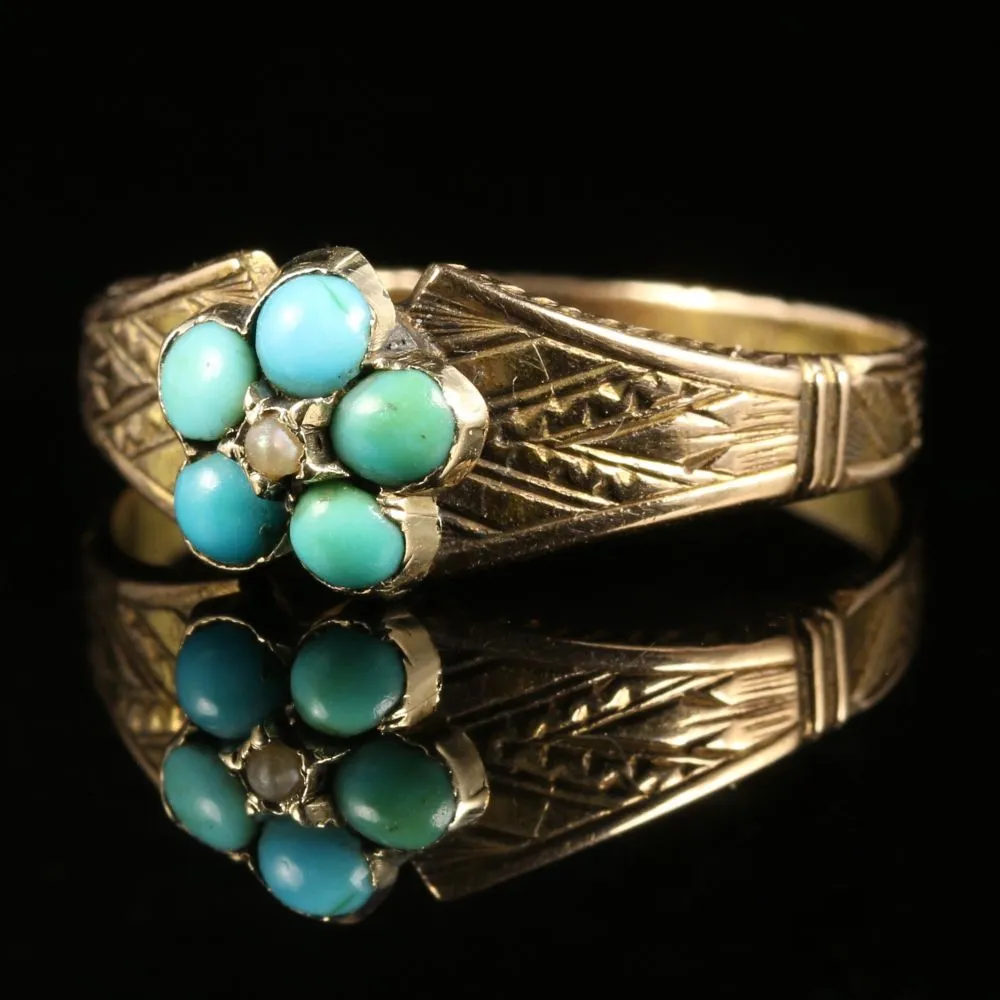 Antique Georgian Turquoise Pearl Ring 18Ct Gold Circa 1800