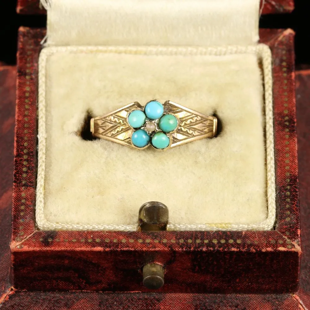 Antique Georgian Turquoise Pearl Ring 18Ct Gold Circa 1800