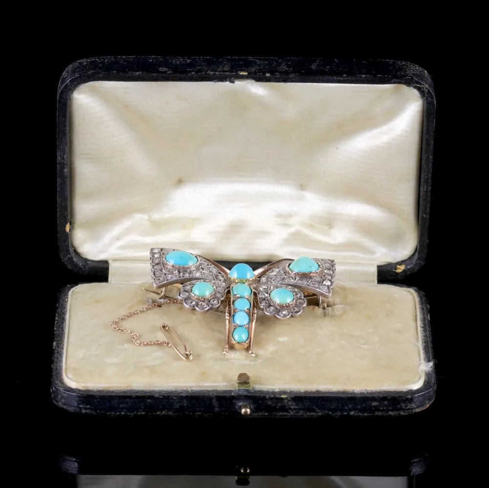 Antique Victorian Butterfly Brooch Turquoise Diamond 18Ct Gold Circa 1860