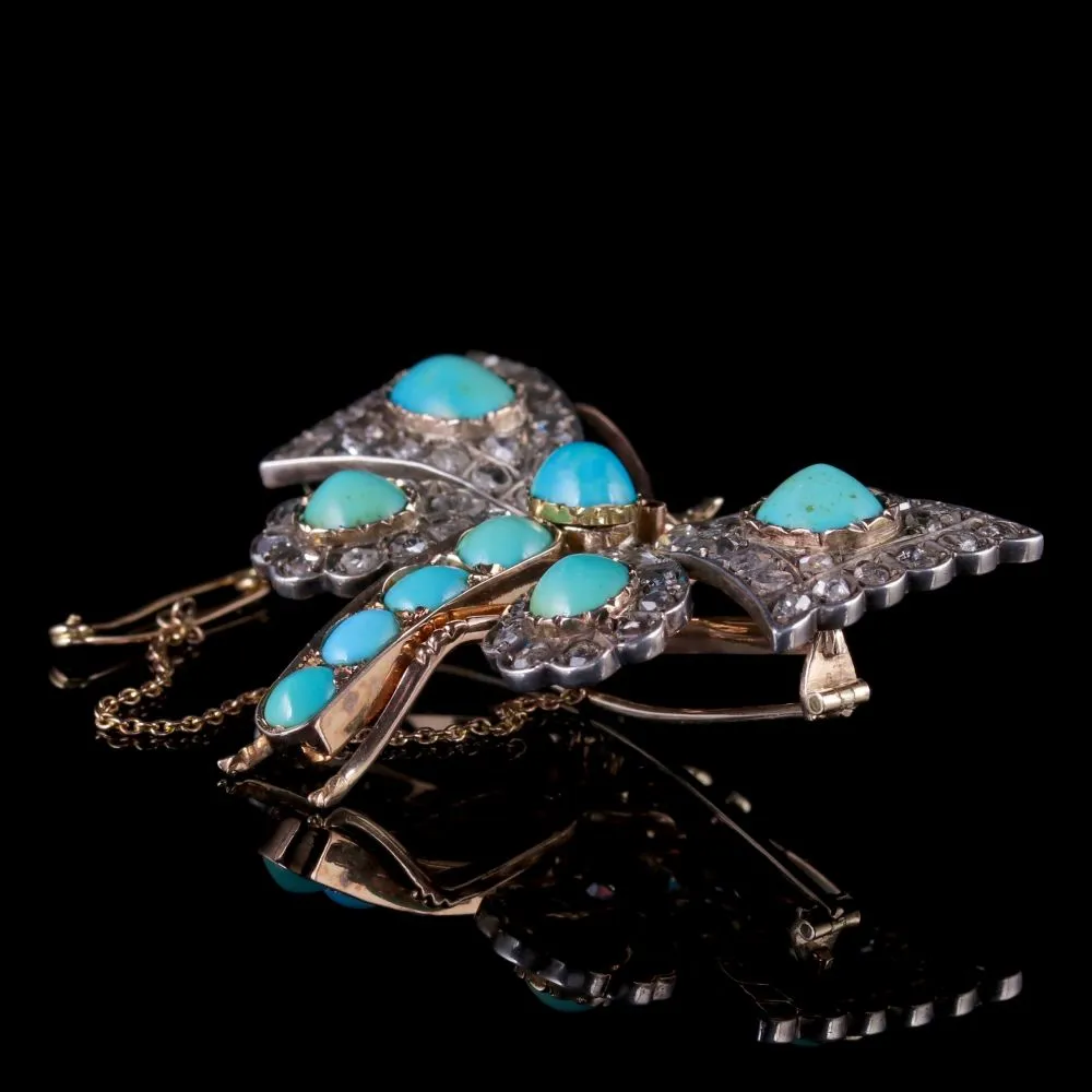 Antique Victorian Butterfly Brooch Turquoise Diamond 18Ct Gold Circa 1860