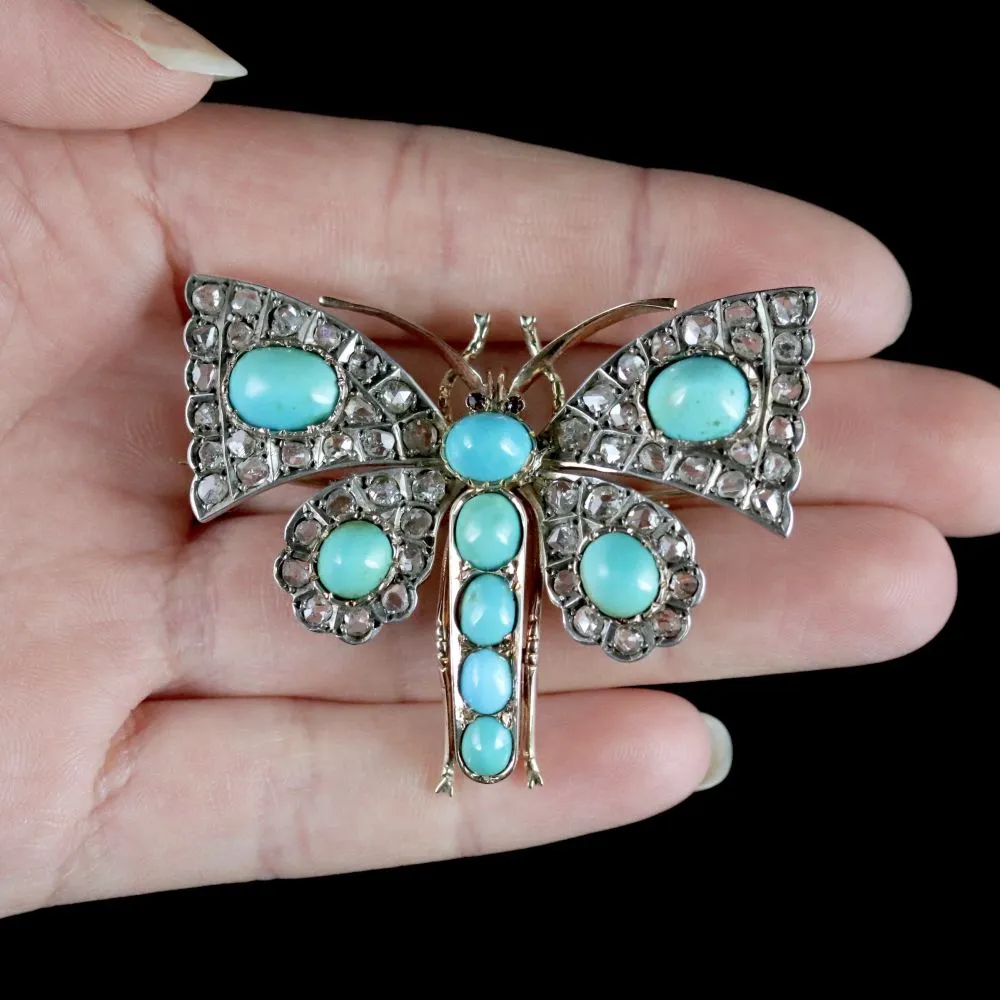 Antique Victorian Butterfly Brooch Turquoise Diamond 18Ct Gold Circa 1860