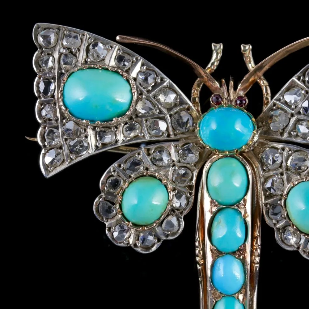 Antique Victorian Butterfly Brooch Turquoise Diamond 18Ct Gold Circa 1860