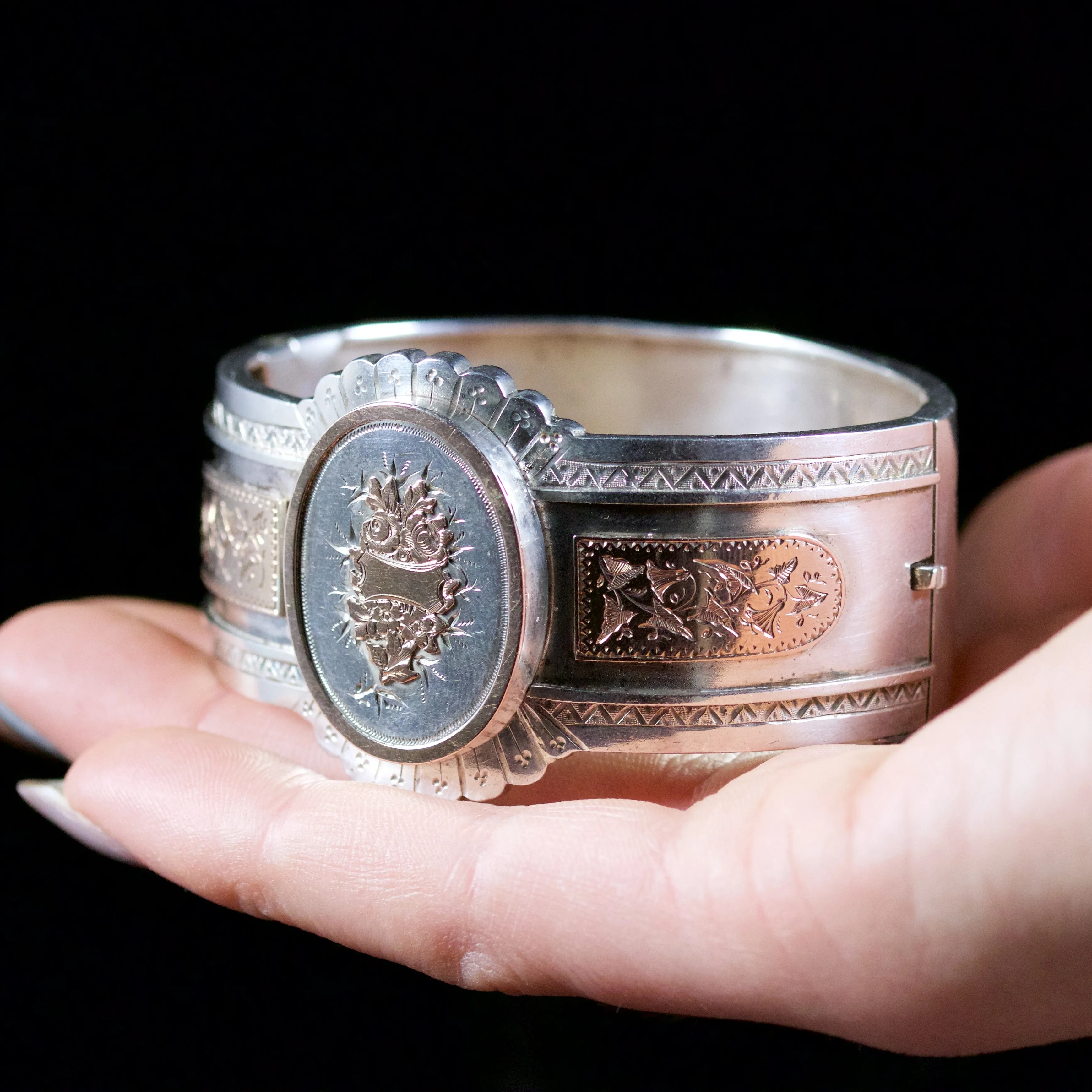 Antique Victorian Cuff Bangle Forget Me Not Silver Circa 1880