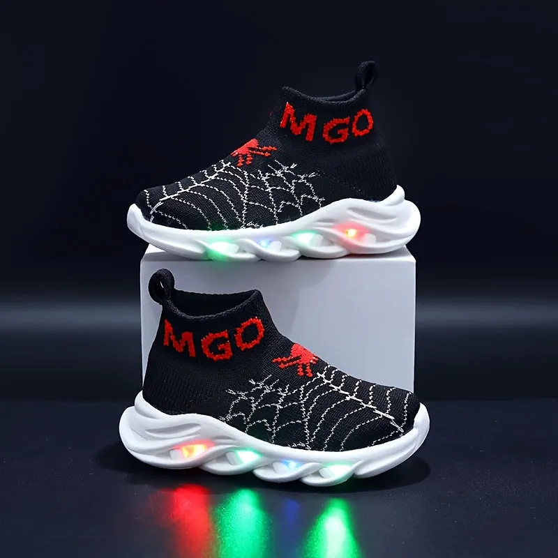 Casual Cool Spider Pattern Slip On Woven Boots With Light For Boys, Breathable Lightweight Sneakers For Walking Running