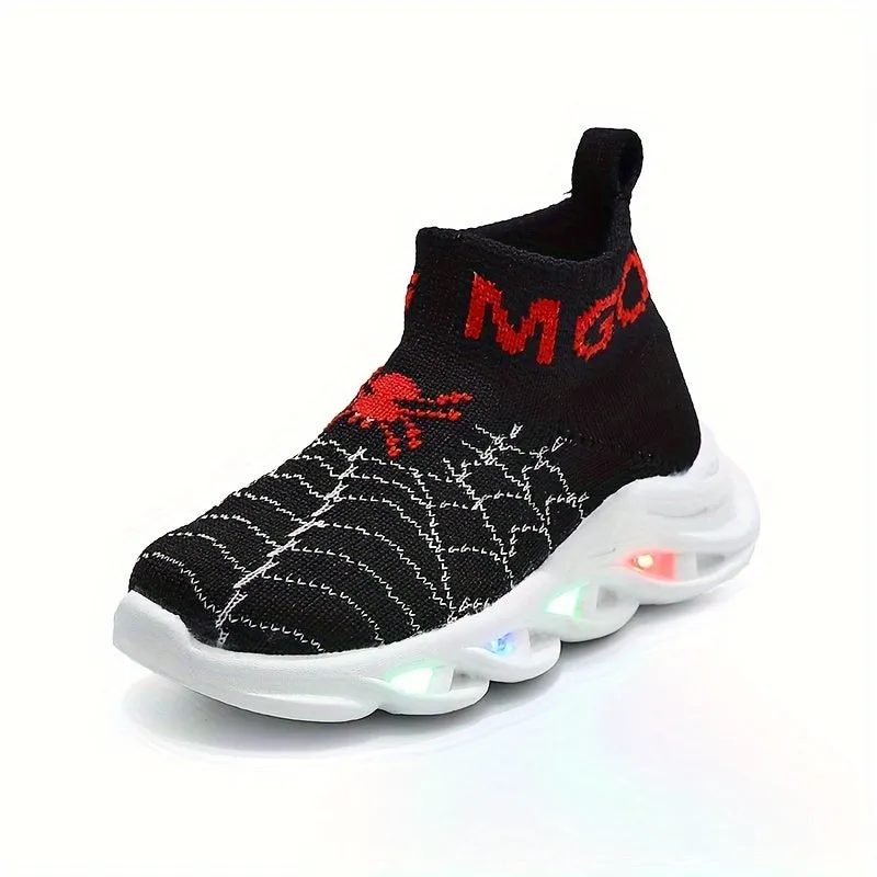 Casual Cool Spider Pattern Slip On Woven Boots With Light For Boys, Breathable Lightweight Sneakers For Walking Running