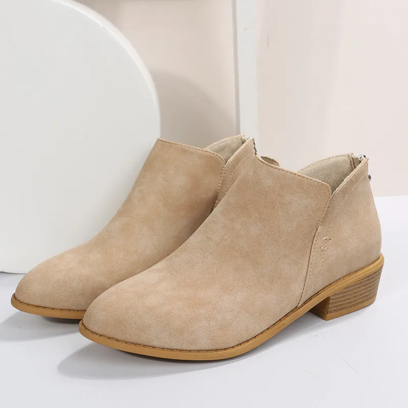 Cross-Border Foreign Trade plus Size British Style Bootie Women's Pointed Toe Chunky Heel Back Zipper Suede Low Heel Shoes Martin Boots