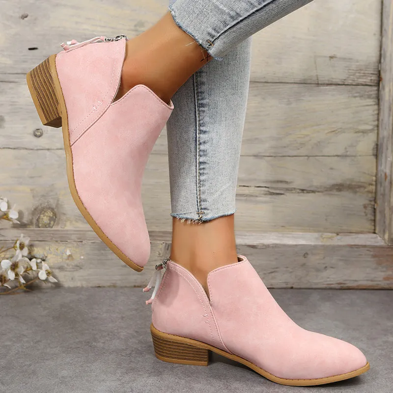 Cross-Border Foreign Trade plus Size British Style Bootie Women's Pointed Toe Chunky Heel Back Zipper Suede Low Heel Shoes Martin Boots