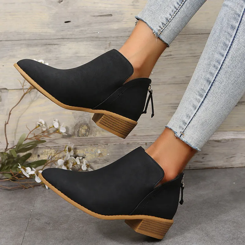 Cross-Border Foreign Trade plus Size British Style Bootie Women's Pointed Toe Chunky Heel Back Zipper Suede Low Heel Shoes Martin Boots