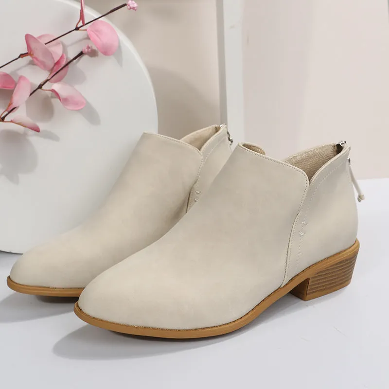 Cross-Border Foreign Trade plus Size British Style Bootie Women's Pointed Toe Chunky Heel Back Zipper Suede Low Heel Shoes Martin Boots