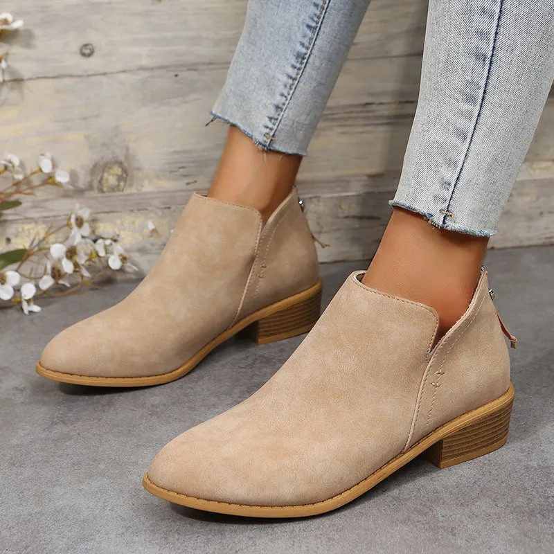 Cross-Border Foreign Trade plus Size British Style Bootie Women's Pointed Toe Chunky Heel Back Zipper Suede Low Heel Shoes Martin Boots