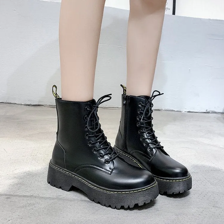 Cross-Border Thick Bottom 8-Hole Martin Boots Women's British Style Side Zipper Muffin Bottom HOTan and NEWn Trendy High Top Lace-up Ankle Boots