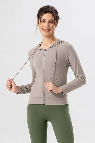 Drawstring Zip Up Hooded Active Outerwear