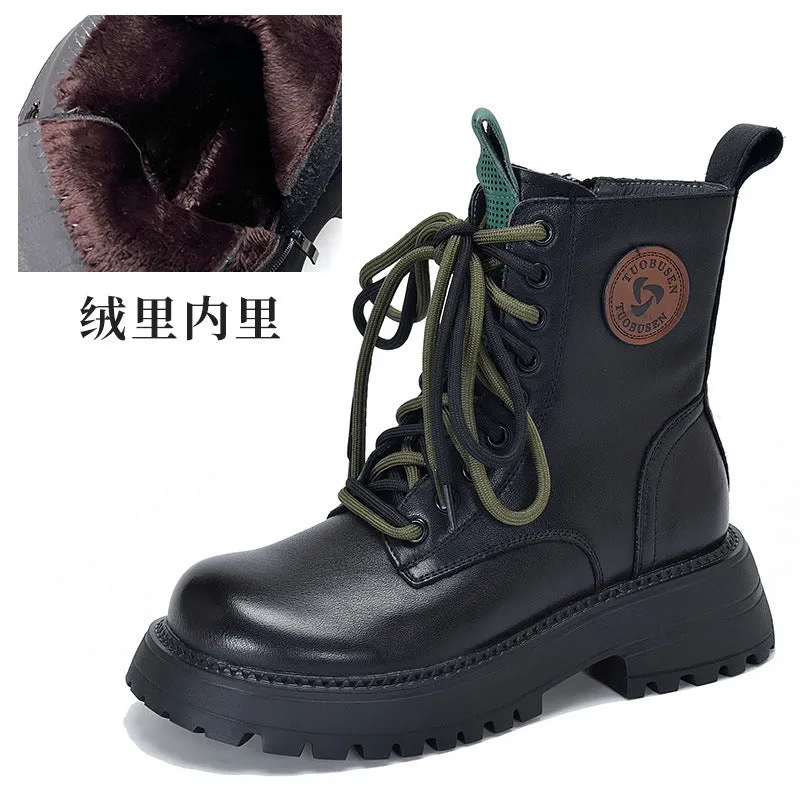 First Layer Cowhide British Fan Boots round Head Thick Bottom All-Matching Boots Women's Autumn and Winter High-Top Martin Boots Women's Boots