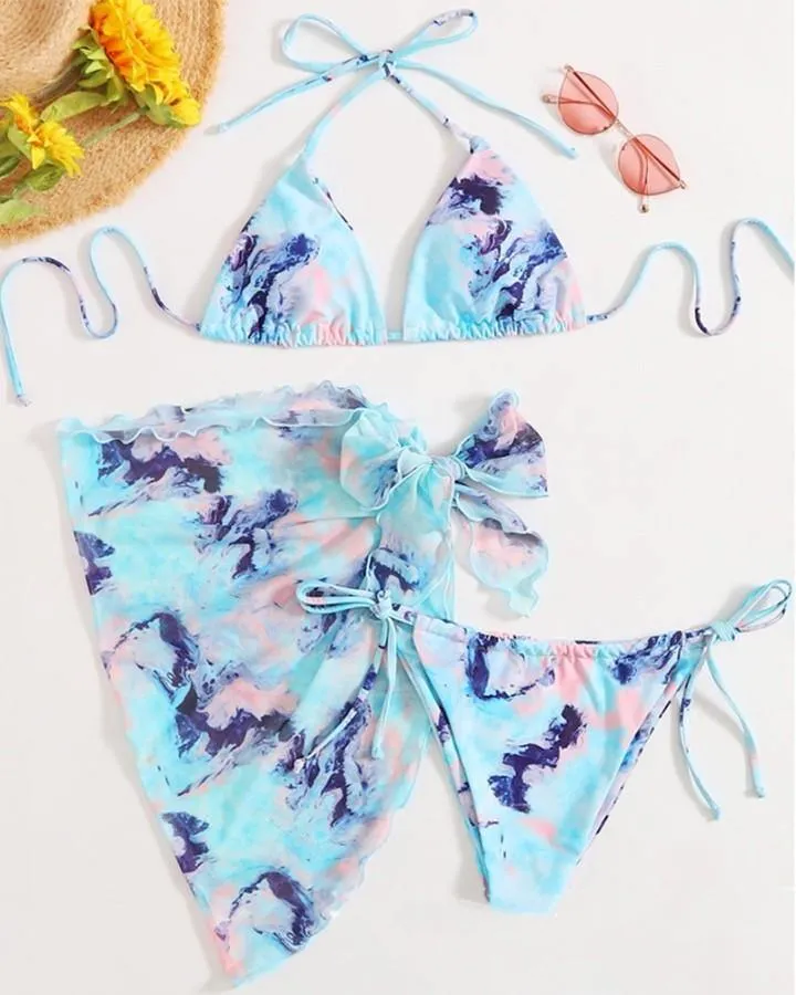 Floral Print Multicolor Print Short Sleeve Cropped Tops With Panties And Apron Bikini Sets