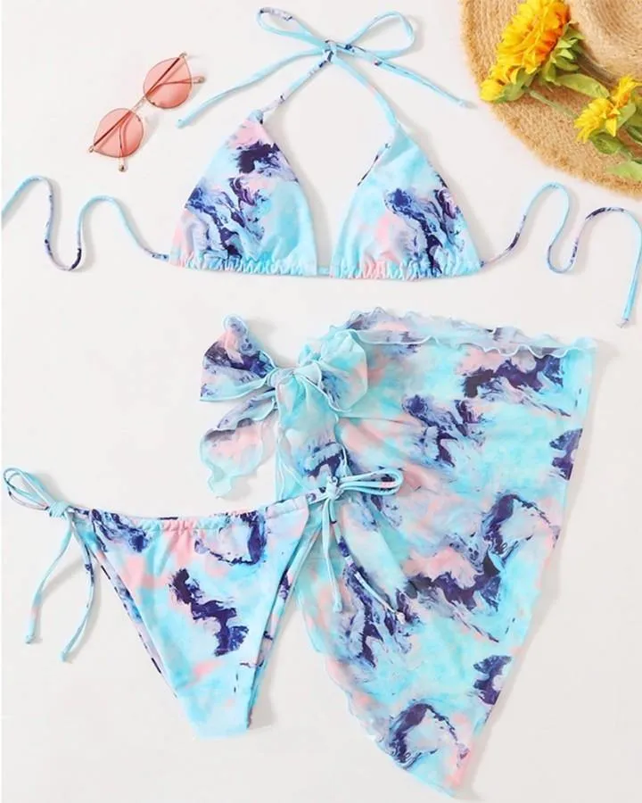 Floral Print Multicolor Print Short Sleeve Cropped Tops With Panties And Apron Bikini Sets