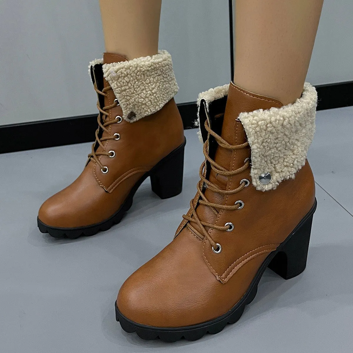 Foreign Trade plus Size Chunky Heel Martin Boots Women's  Autumn and Winter British Style Ankle Boots High Heel Furry Mouth Flanging Cross-Border Boots