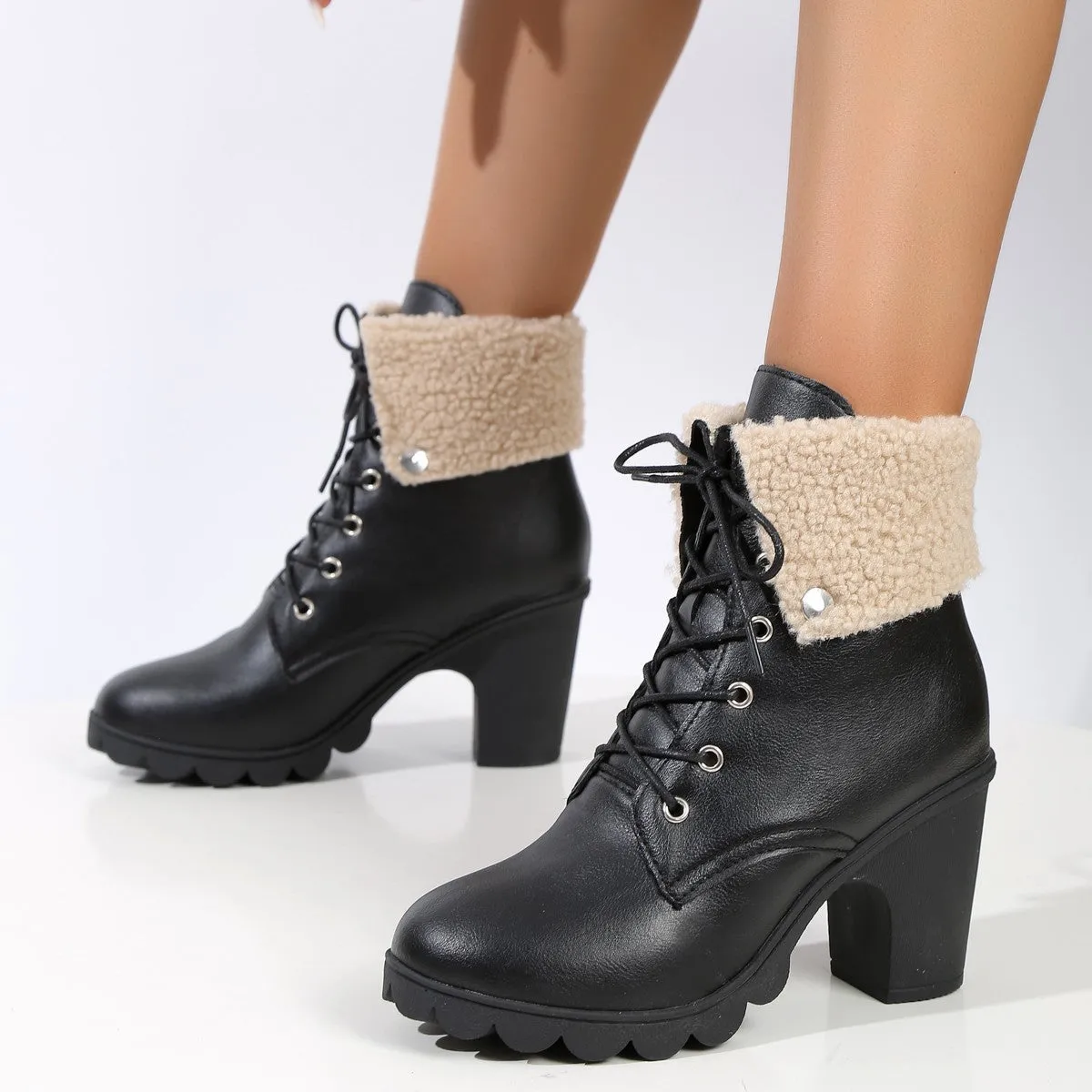 Foreign Trade plus Size Chunky Heel Martin Boots Women's  Autumn and Winter British Style Ankle Boots High Heel Furry Mouth Flanging Cross-Border Boots