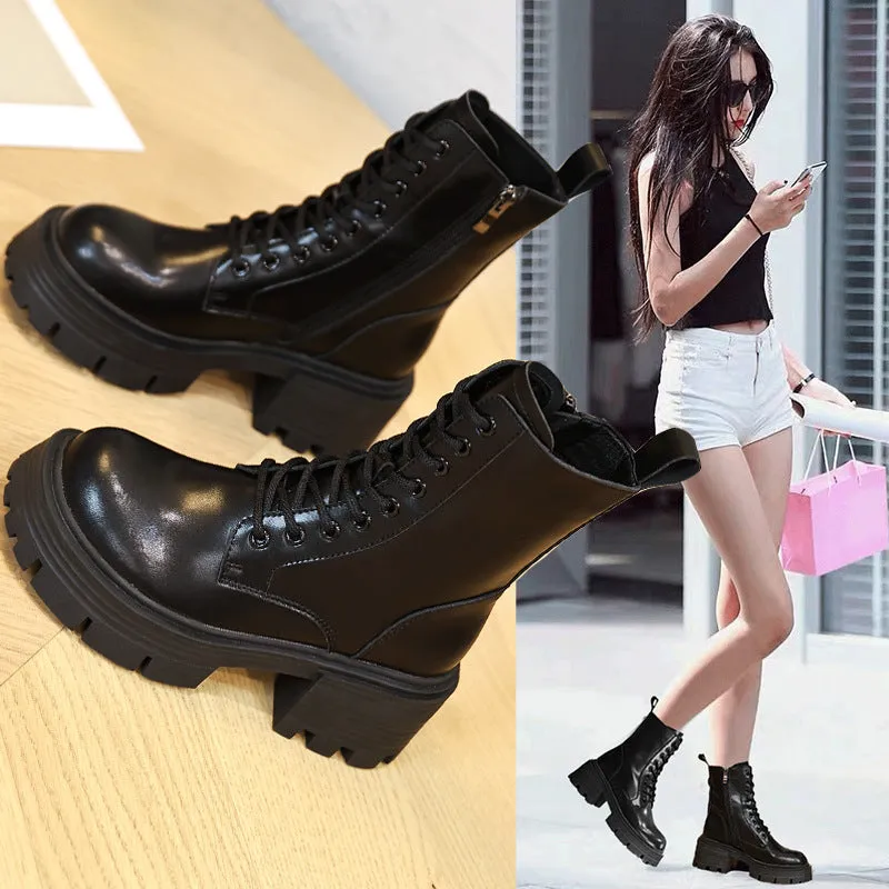 Genuine Leather Platform Martin Boots Women's British Style Chunky Heel Small Man Elevator Ankle Boots Spring and Autumn Boots Winter Suede Boots