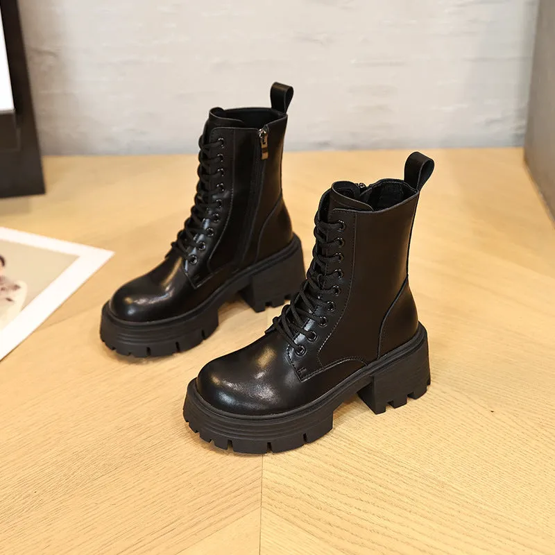 Genuine Leather Platform Martin Boots Women's British Style Chunky Heel Small Man Elevator Ankle Boots Spring and Autumn Boots Winter Suede Boots