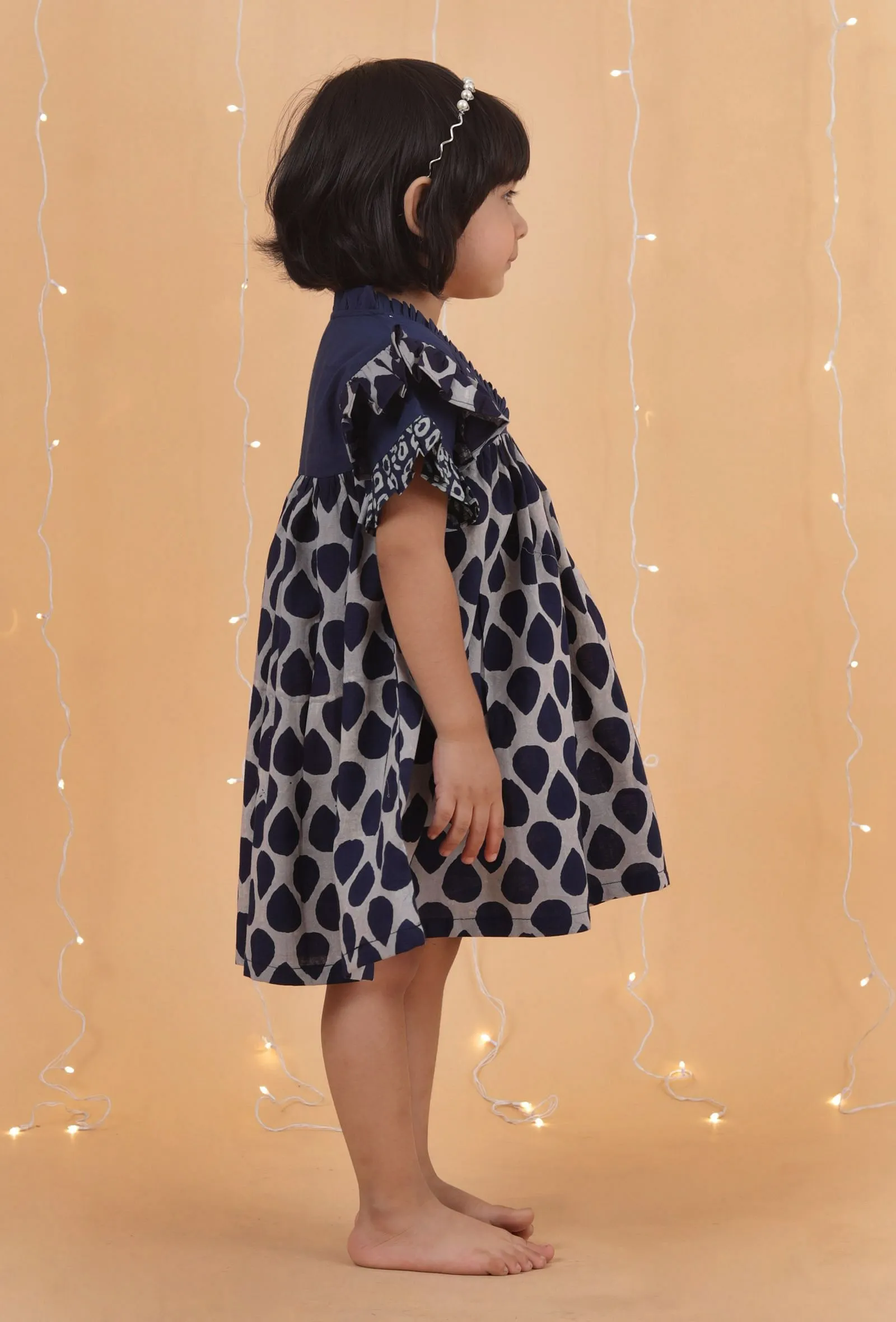 Indigo Multi Printed Gathered Cotton Dress With Zari Handwork