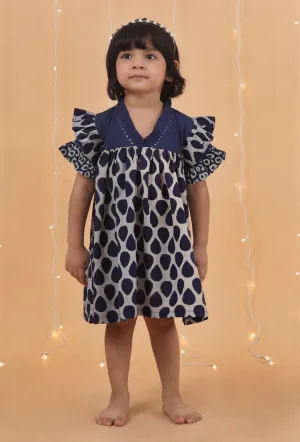 Indigo Multi Printed Gathered Cotton Dress With Zari Handwork