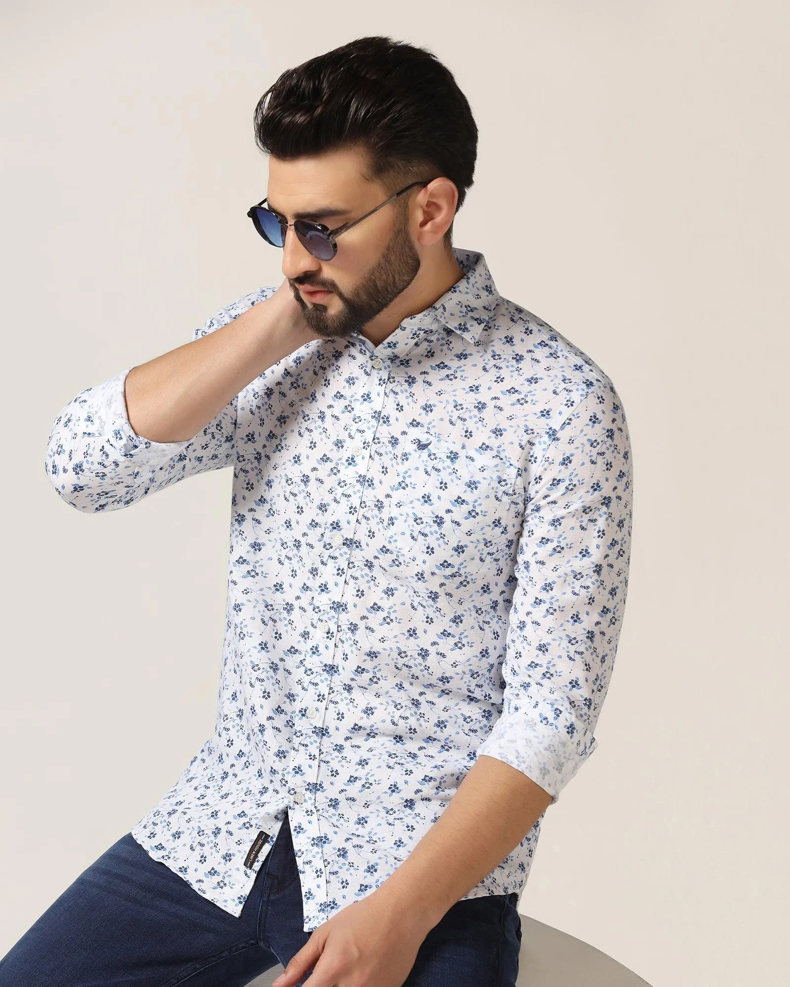 Linen Casual White Printed Shirt - Nigel