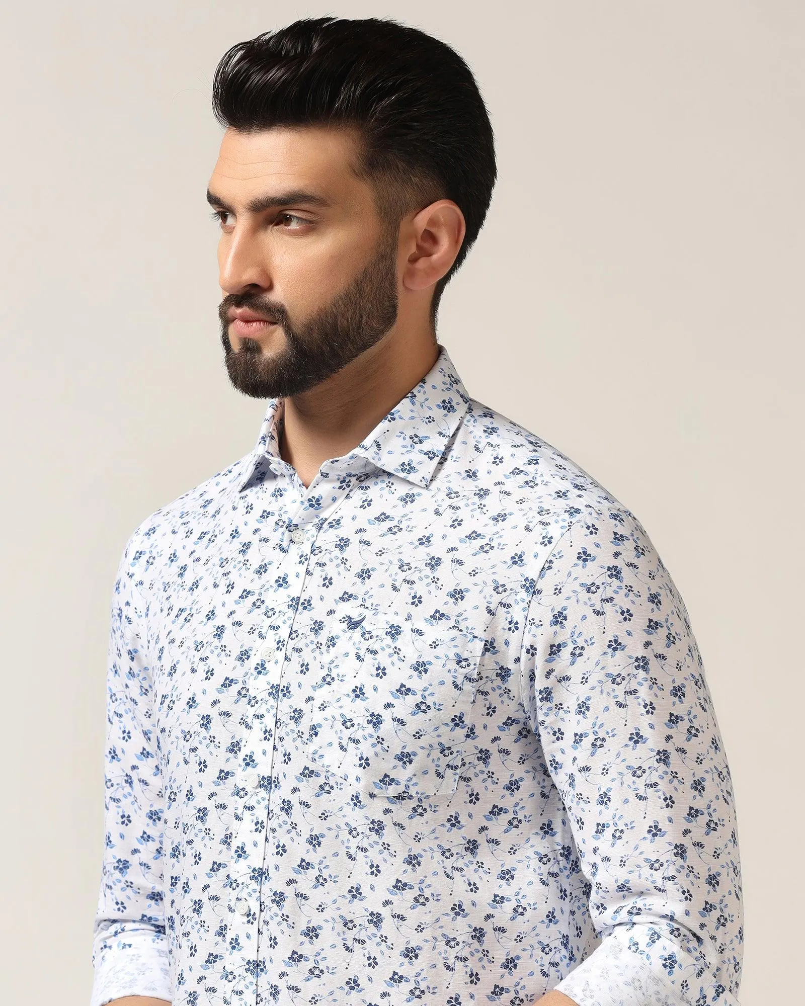 Linen Casual White Printed Shirt - Nigel