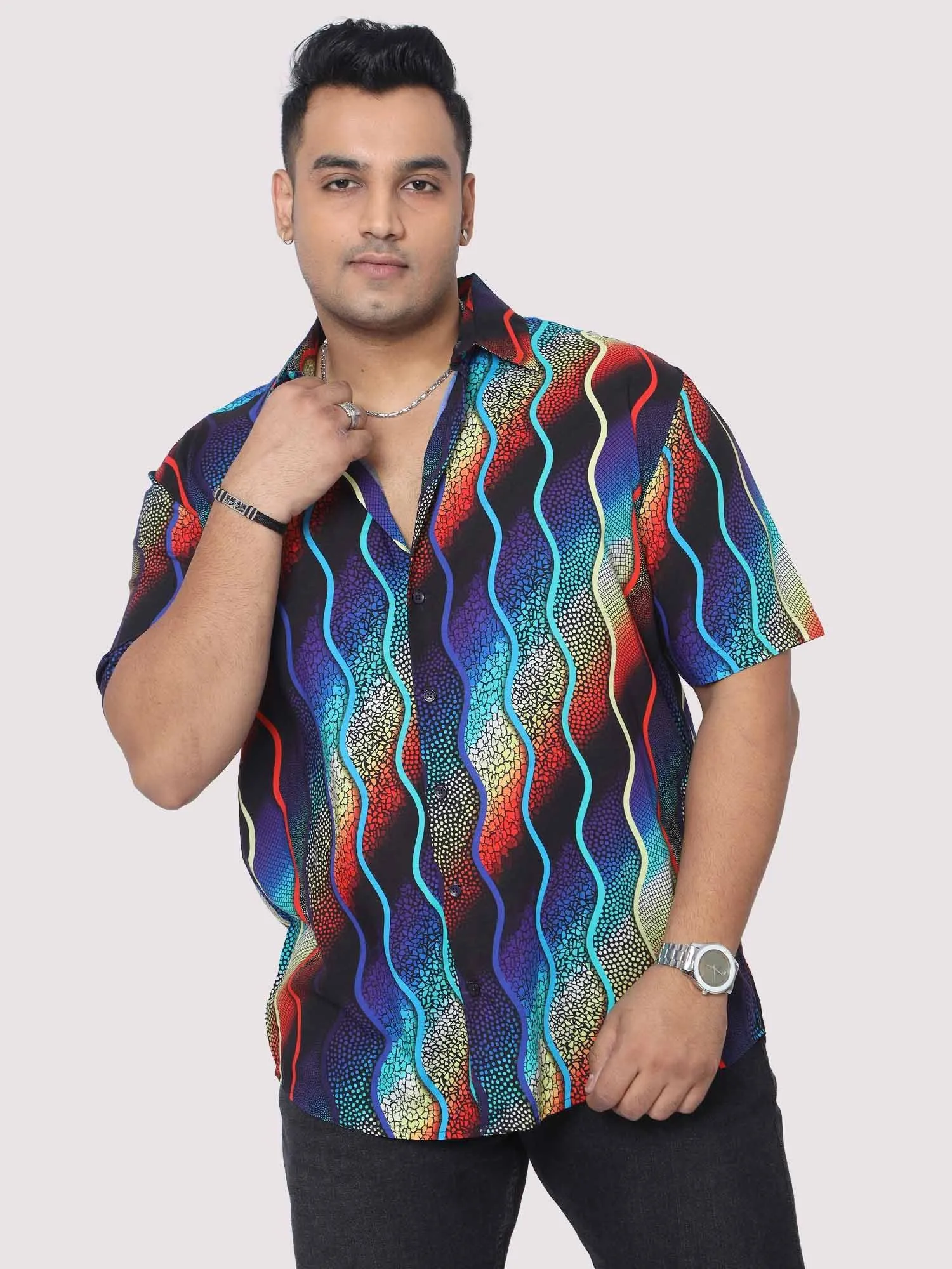 Men Plus Size Wavy mosaic art Digital Printed Half Shirt