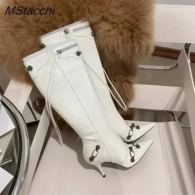 Metal Rivet High Knee Boots Pointed Toe Thin Heels