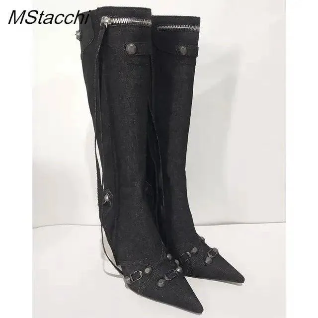 Metal Rivet High Knee Boots Pointed Toe Thin Heels