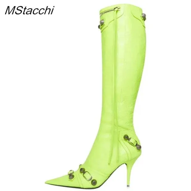 Metal Rivet High Knee Boots Pointed Toe Thin Heels