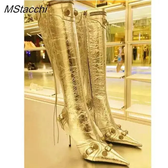 Metal Rivet High Knee Boots Pointed Toe Thin Heels