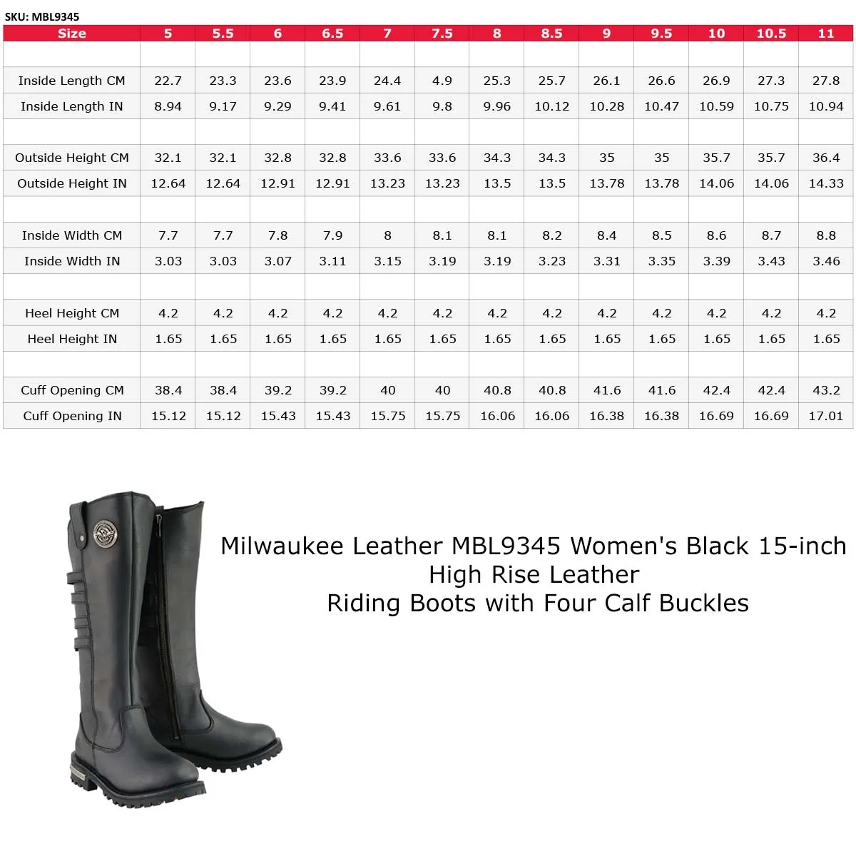 Milwaukee Leather MBL9345 Women's Black 15-inch High Rise Leather Riding Boots with Four Calf Buckles