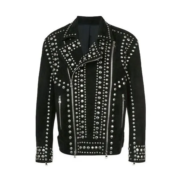 New Men’s Handmade Black Full Silver Studded Top Quality Leather Jacket