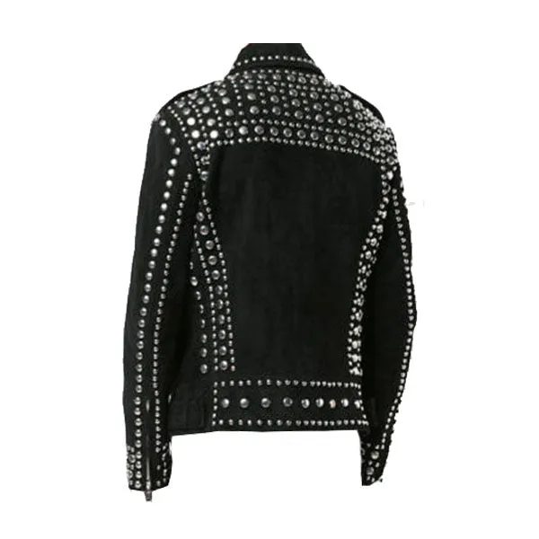 New Men’s Handmade Black Full Silver Studded Top Quality Leather Jacket