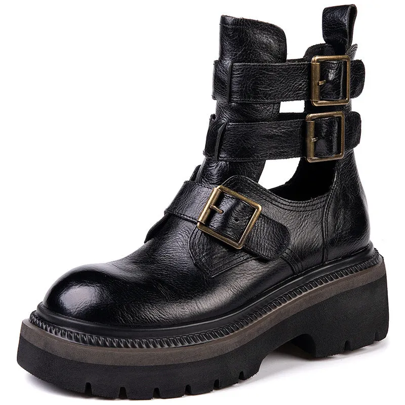 Platform Martin Boots Women's Spring New HOTan and NEWn Fashion Cool Belt Buckle Tooling Knight Boots Genuine Leather Square Heel Elevator Ankle Boots