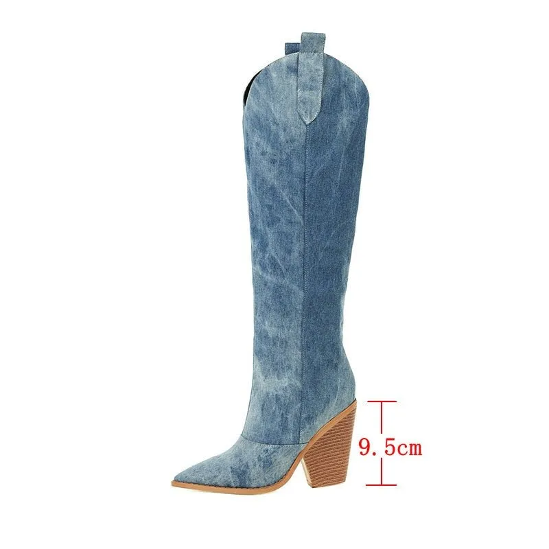 Pre Order:  Denim Knee-High Cowboy Boots