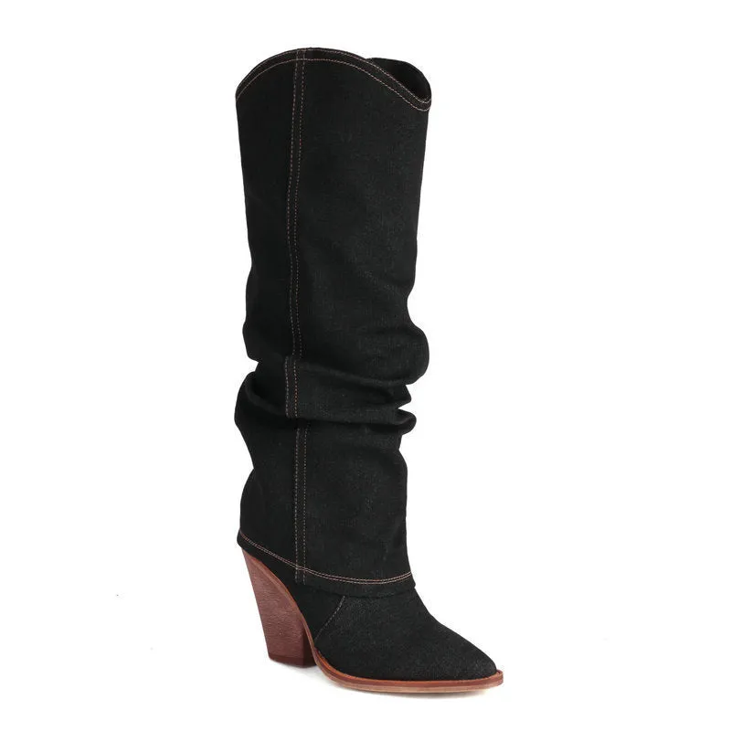 Pre Order: Retro Cowboy Pointed Toe Chunky Heel High Boots