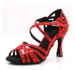 Red Satin Rhinestone Ballroom Dance Shoes Latin Salsa Dancing Shoes