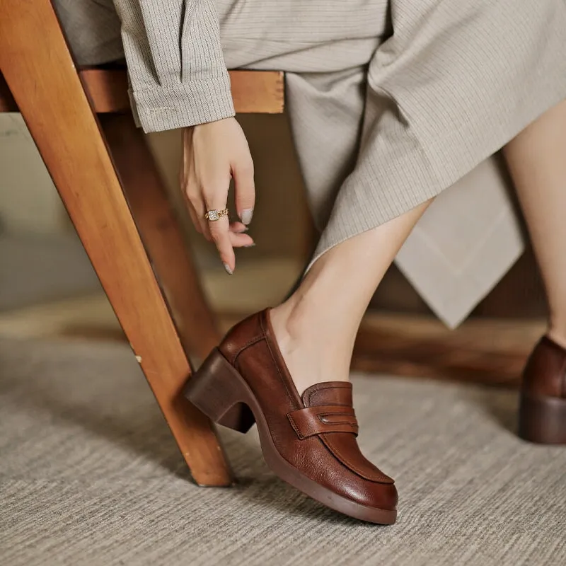 Round Toe 50mm Block Heel Leather Penny Loafers for Women in Brown/Black