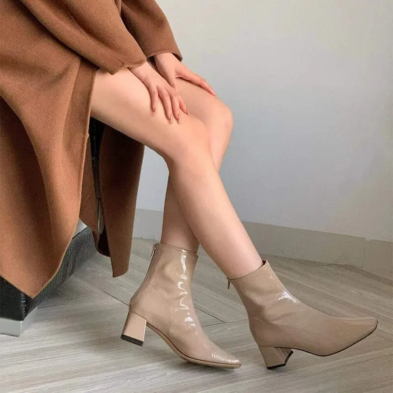 Squared Toe Leather Nude Leather Boots Block Heeled Black/Nude