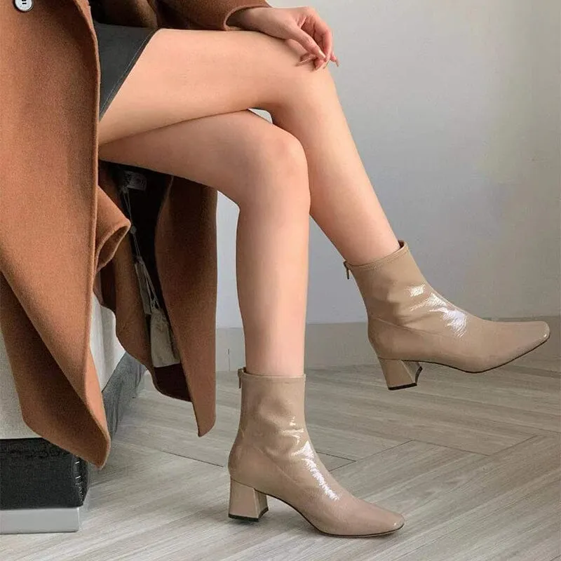 Squared Toe Leather Nude Leather Boots Block Heeled Black/Nude