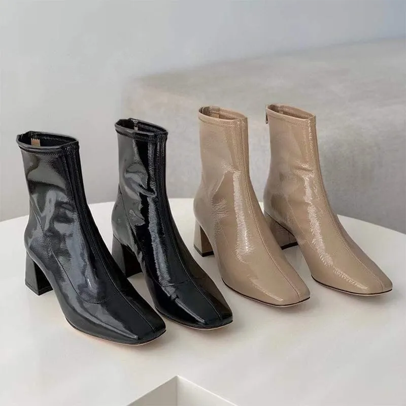 Squared Toe Leather Nude Leather Boots Block Heeled Black/Nude