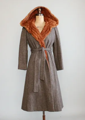 Vintage 1970s Tweed Hooded Trench Coat with Fur Lining